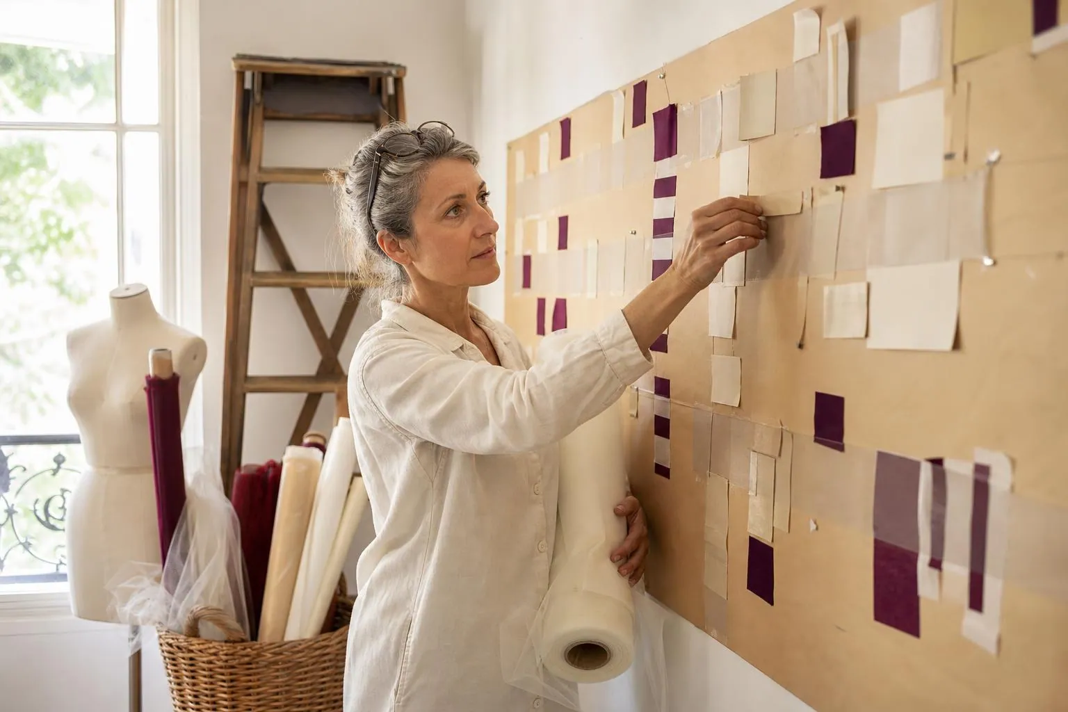 Créatrice devant un grand planning mural en papier couvert d’étiquettes de couleur, un rouleau de tulle sous le bras dans un atelier lumineux