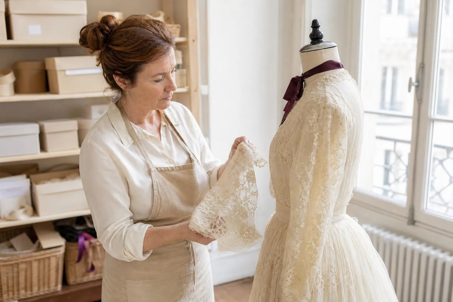Créatrice examinant une robe de mariée ancienne en dentelle posée sur un mannequin, dans un showroom clair avec des boîtes d’archives de patrons