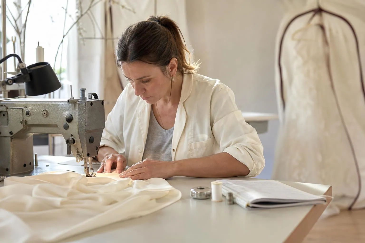 Couturière à sa machine à coudre industrielle, un carnet d’heures ouvert et un chronomètre mécanique posés sur la table près d’une robe ivoire