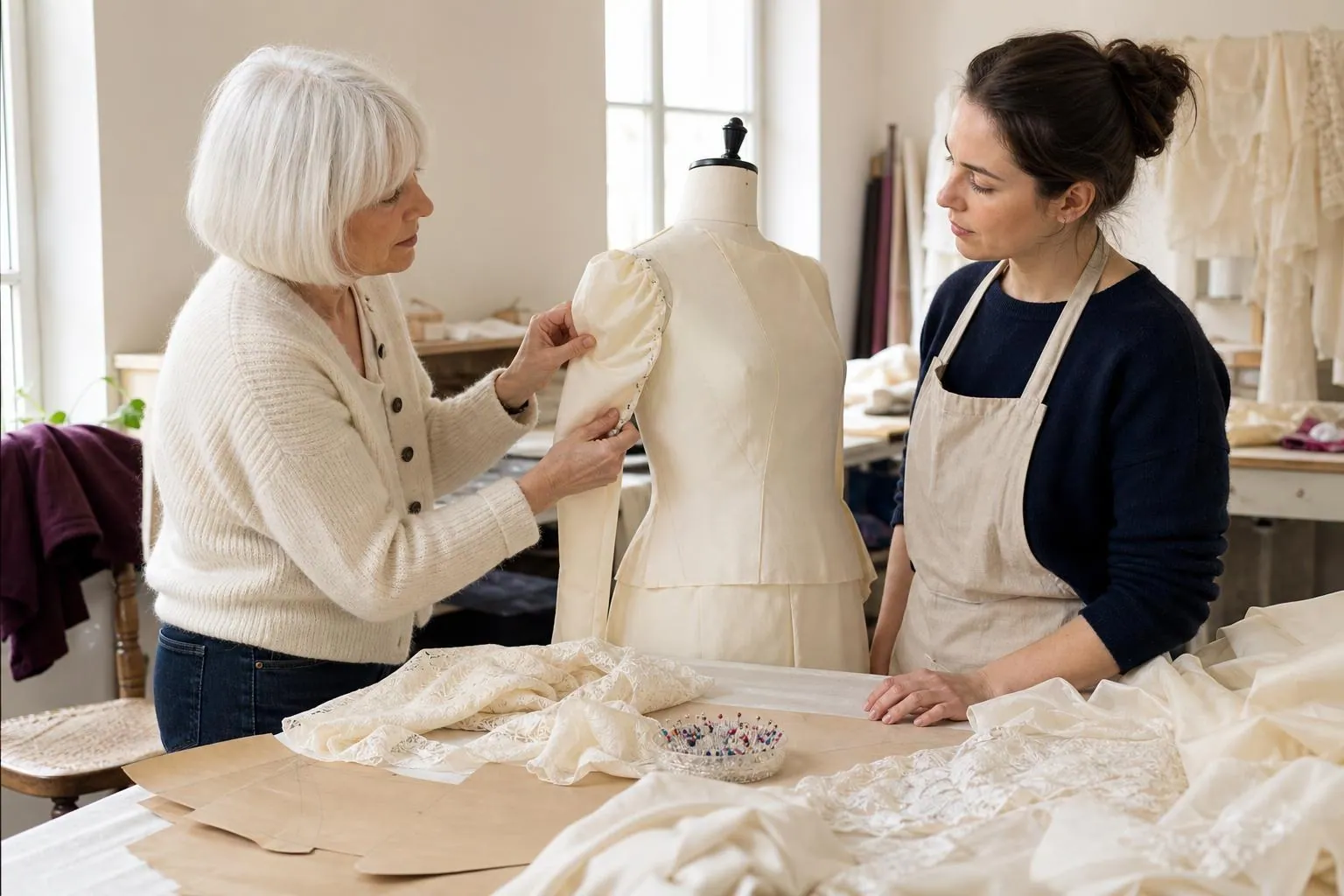 Deux couturières examinent ensemble une manche épinglée sur un buste de couture, entourées de chutes de tissu et de pièces de patron posées au sol