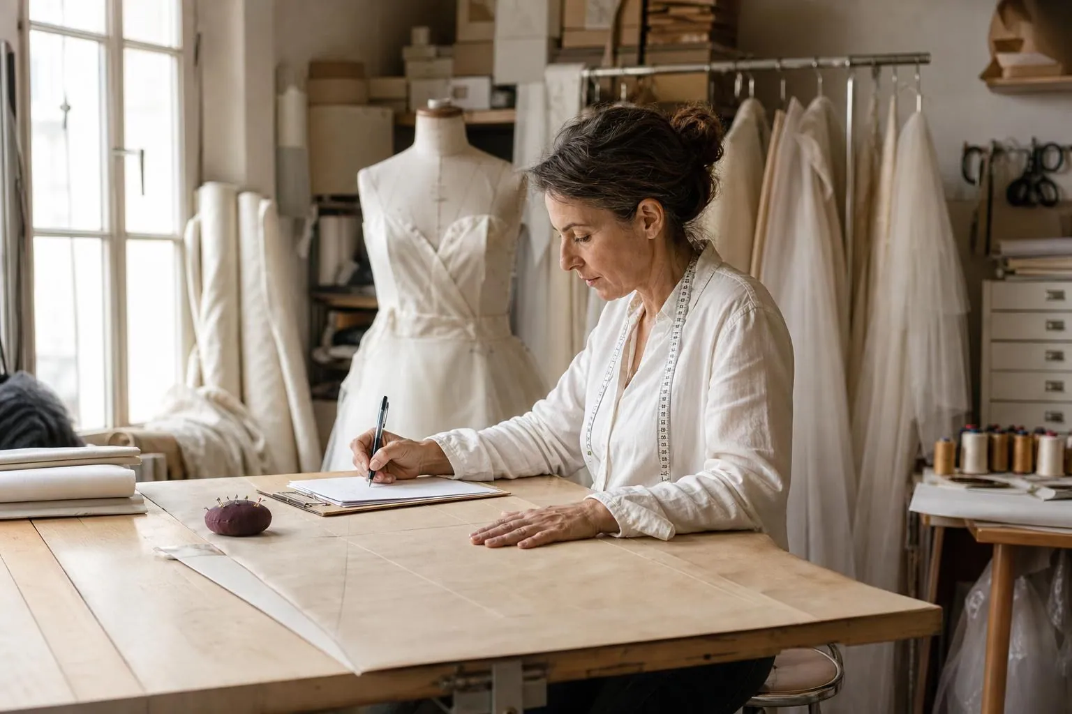 Créatrice de robes de mariée assise à sa table de coupe, remplissant à la main un compte rendu d’essayage posé sur un porte bloc, devant un buste habillé d’une toile écrue