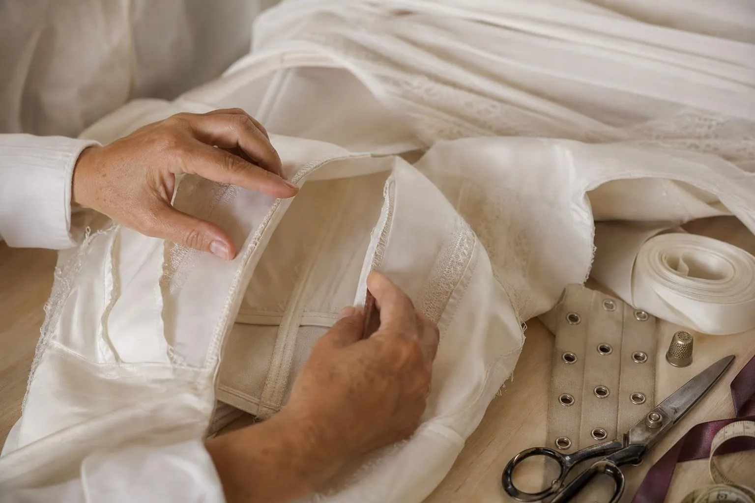 Gros plan des mains d’une couturière qui écarte les marges de couture au dos d’un corsage de mariée, un lacet de satin et des œillets posés à côté