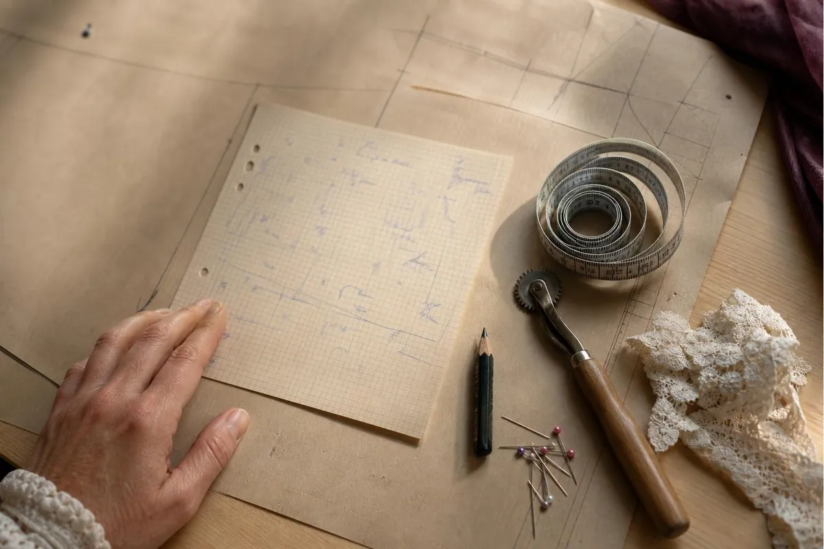 Gros plan d’une fiche de mesures manuscrite sur du papier de patronage, avec mètre ruban souple, crayon de modéliste et morceau de dentelle ivoire