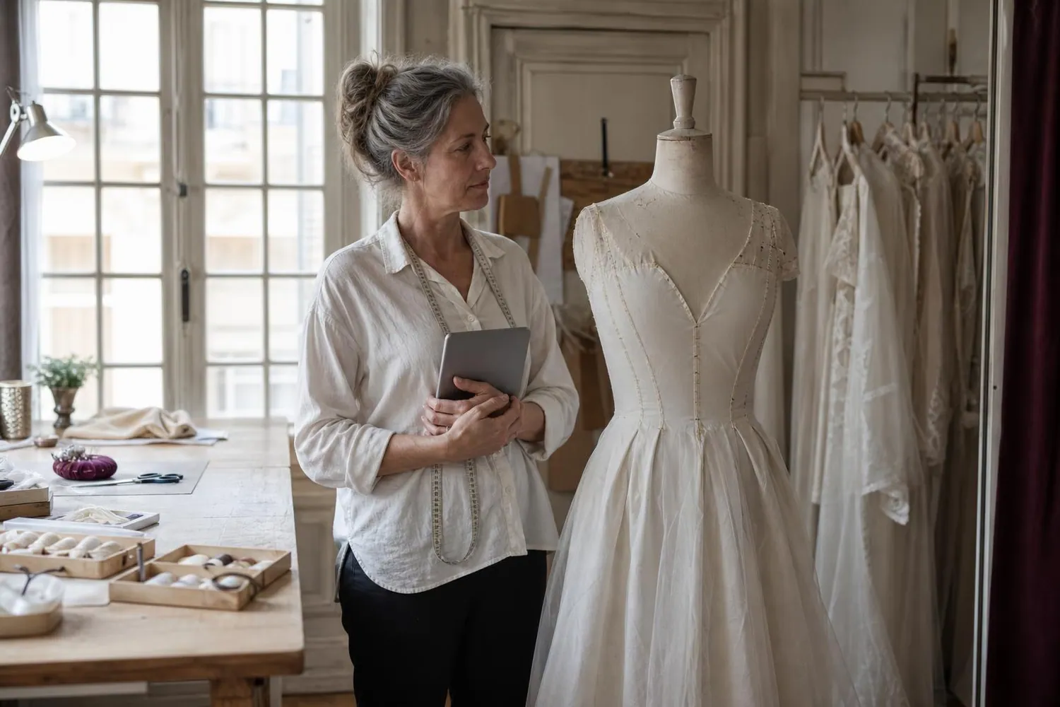 Créatrice de robes de mariée d’une cinquantaine d’années debout dans son atelier, tablette à la main, devant un buste de couture habillé d’une toile écrue